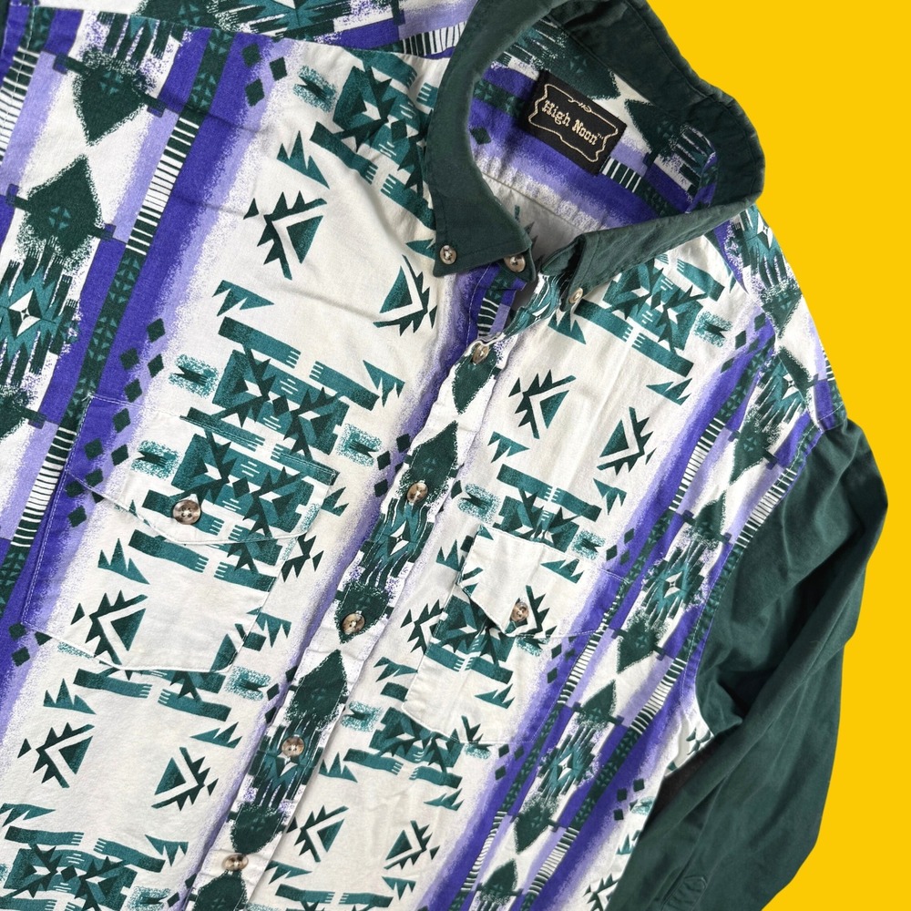 Vintage High Noon Button Down Shirt Mens L Green Purple Aztec Western Cowboy